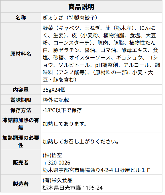 特製肉餃子 原材料表示